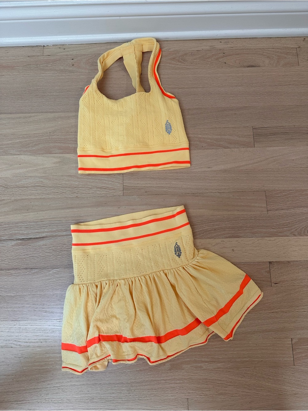 Free People Yellow Knit Crop Top & Skirt Set with Orange Trim